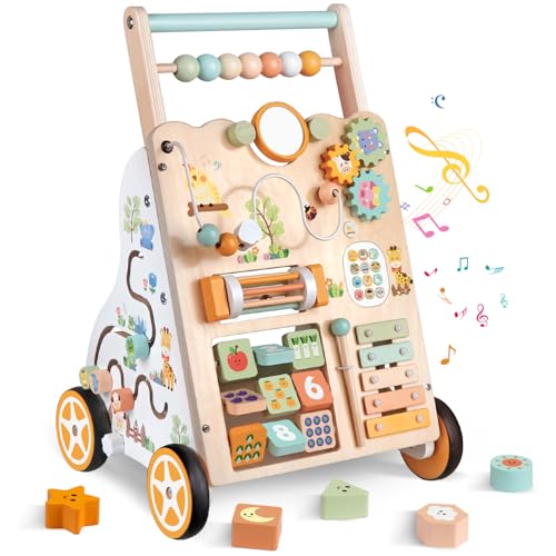 Weilim Wooden Baby Walker with Wheels Push Walker with Baby Activity Center Montessori Walking Toy for Girls Boys Ajustable Speed Height Activity Toy for Toddler Learning to Walk Natural - Image 1