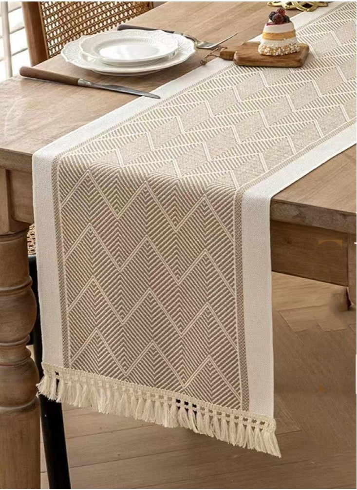 Kutis 1-Piece Geometric Tassel Table Runner Cotton and Linen White/Brown 180x35 cm  - Image 1