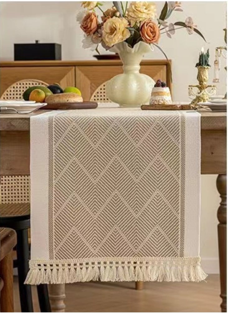 Kutis 1-Piece Geometric Tassel Table Runner Cotton and Linen White/Brown 180x35 cm  - Image 2