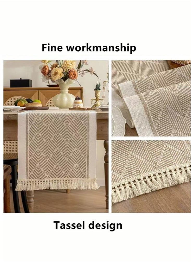 Kutis 1-Piece Geometric Tassel Table Runner Cotton and Linen White/Brown 180x35 cm  - Image 3