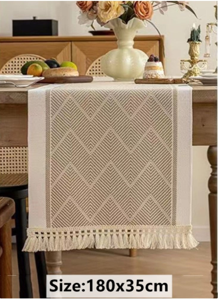 Kutis 1-Piece Geometric Tassel Table Runner Cotton and Linen White/Brown 180x35 cm  - Image 5