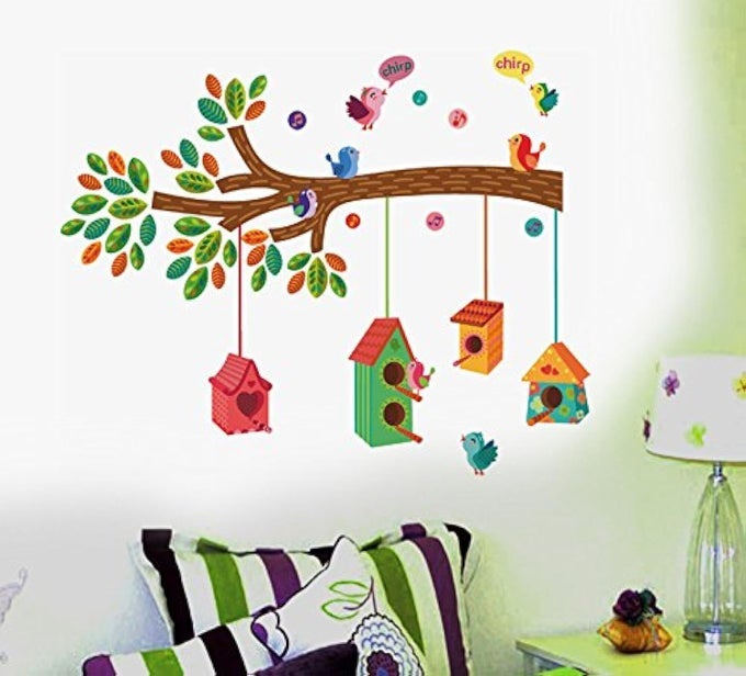 ' BIRD HOUSE ON A BRANCH' WALL STICKER (PVC VINYL, 70 CM X 25 CM, MULTICOLOUR)
