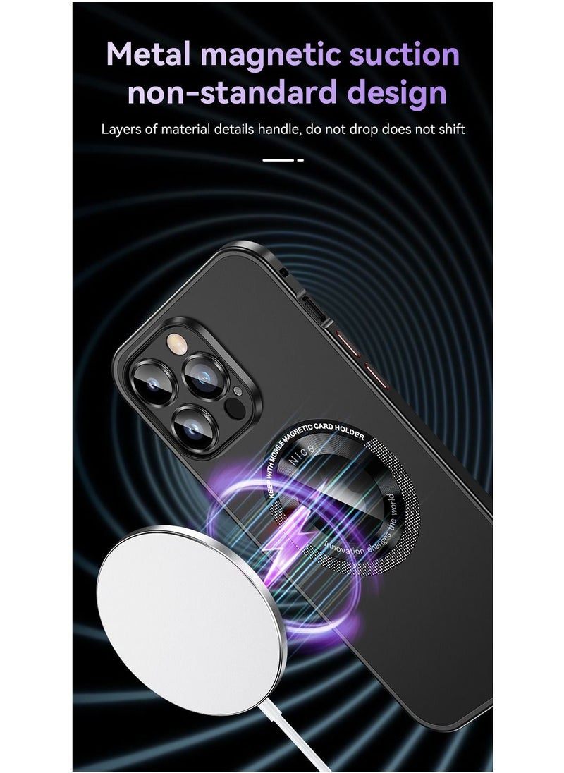 Color Fans - Magnetic Back Cover for iPhone 14 Pro Max Spring Buckle Metal Edge Case Black - Image 1