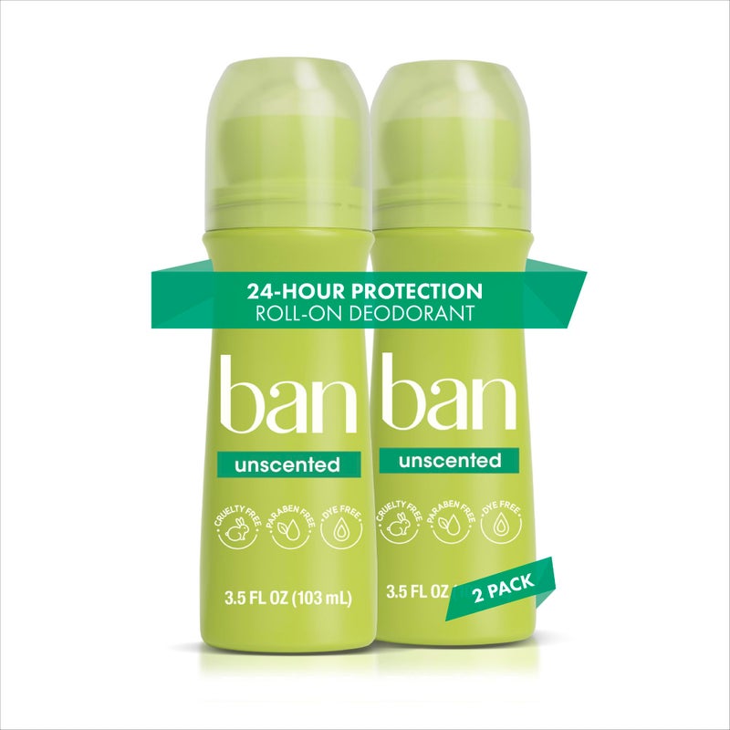 Ban Invisible Roll-on Antiperspirant Deodorant for Women and Men, 24-hour Underarm Odor & Sweat Protection, Unscented, 3.5 Oz, Pack of 2 - Image 1