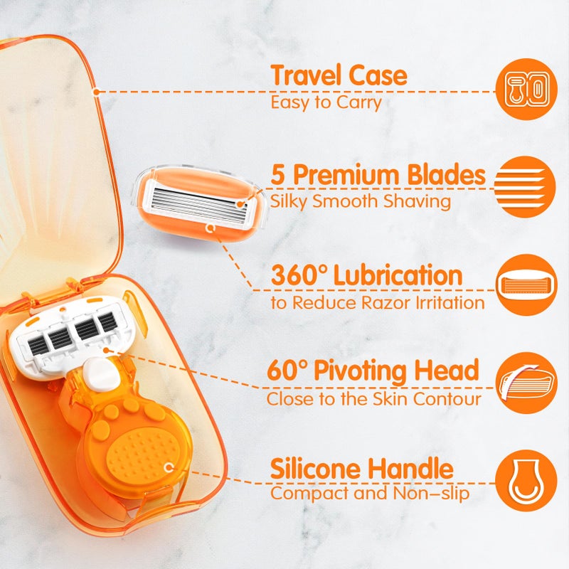 DreamGenius Travel Razors for Women Include 1 Handle and 5 Cartridges, Extra Smooth 5-Blade Travel Essentials Razor with Case for Shaving, Orange - Image 4