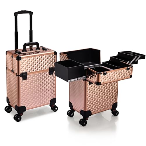 Stagiant Rolling Makeup Train Case Cosmetology Case on Wheels Travel Cosmetic Suitcase Trolley Makeup Luggage Storage Box 4 Tray with Lock Middle Layer Salon Nail Tech Cart Traveling Tattoo Case - Image 2