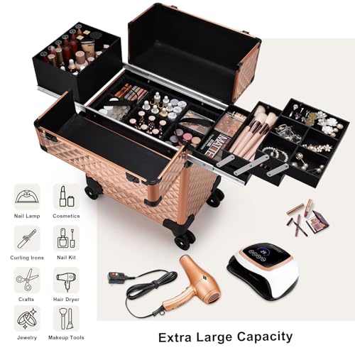 Stagiant Rolling Makeup Train Case Cosmetology Case on Wheels Travel Cosmetic Suitcase Trolley Makeup Luggage Storage Box 4 Tray with Lock Middle Layer Salon Nail Tech Cart Traveling Tattoo Case - Image 5