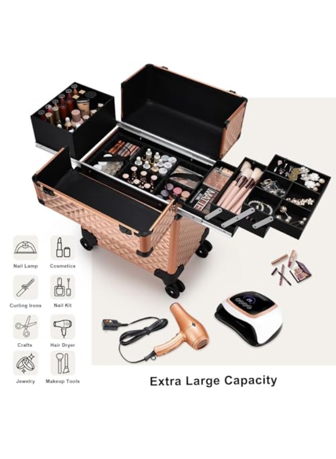 Stagiant Rolling Makeup Train Case Cosmetology Case on Wheels Travel Cosmetic Suitcase Trolley Makeup Luggage Storage Box 4 Tray with Lock Middle Layer Salon Nail Tech Cart Traveling Tattoo Case - Image 4