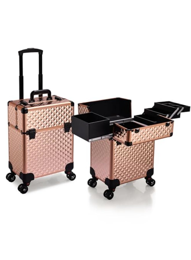 Stagiant Rolling Makeup Train Case Cosmetology Case on Wheels Travel Cosmetic Suitcase Trolley Makeup Luggage Storage Box 4 Tray with Lock Middle Layer Salon Nail Tech Cart Traveling Tattoo Case - Image 1
