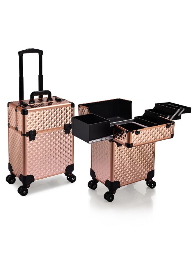 Stagiant Rolling Makeup Train Case Cosmetology Case on Wheels Travel Cosmetic Suitcase Trolley Makeup Luggage Storage Box 4 Tray with Lock Middle Layer Salon Nail Tech Cart Traveling Tattoo Case - Image 3