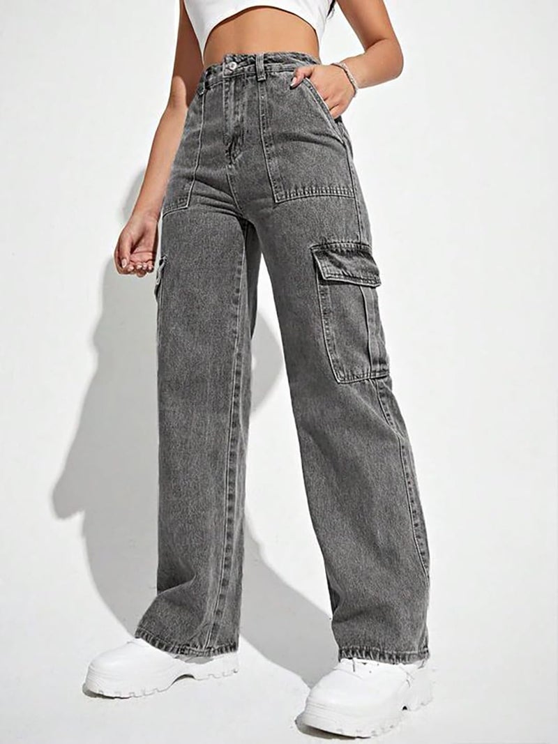KOTTY Women's Solid High Rise Relaxed Fit Cargo Jeans Ash Gray (Grey,XXL)_KOTTYLADIESJEANS2457XXL - Image 2