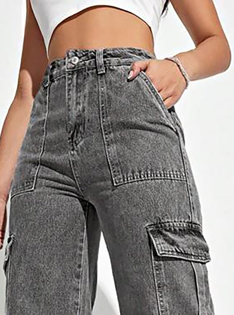 KOTTY Women's Solid High Rise Relaxed Fit Cargo Jeans Ash Gray (Grey,XXL)_KOTTYLADIESJEANS2457XXL - Image 4