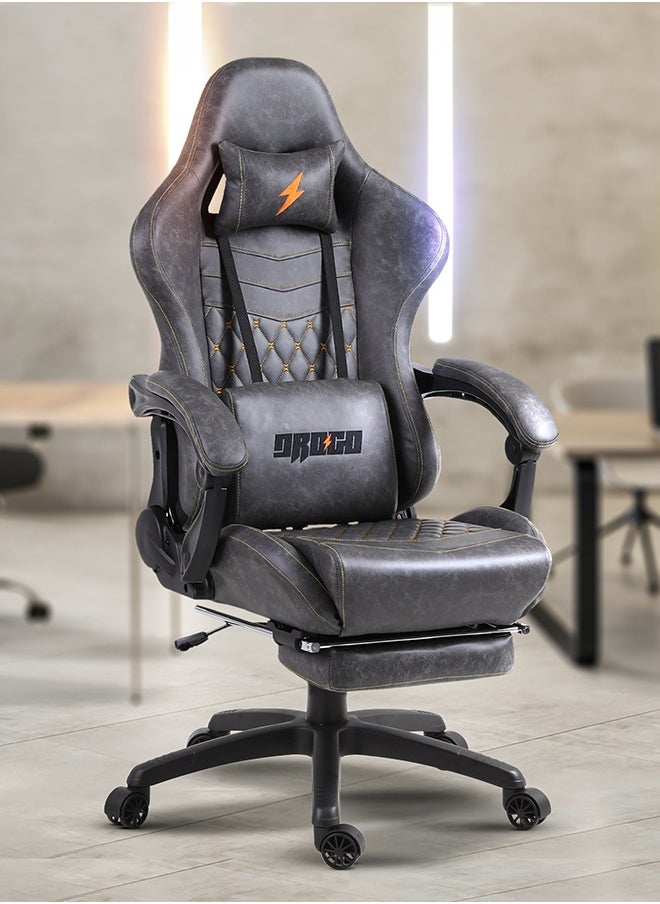 DROGO - Gaming Chair Drogo Ergonomic  with 7 Way adjustable Seat PU Leather Material Desk Chair Head & USB Massager Lumbar Pillow Video Games Chair Home Office Chair with Full Reclining Back Footrest Grey - Image 1