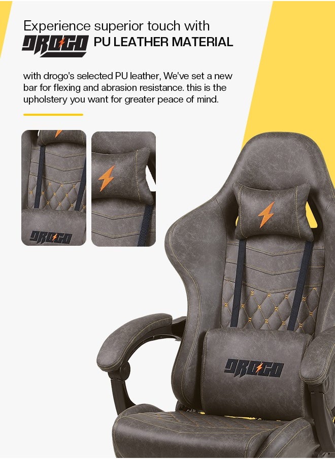 DROGO - Gaming Chair Drogo Ergonomic  with 7 Way adjustable Seat PU Leather Material Desk Chair Head & USB Massager Lumbar Pillow Video Games Chair Home Office Chair with Full Reclining Back Footrest Grey - Image 1