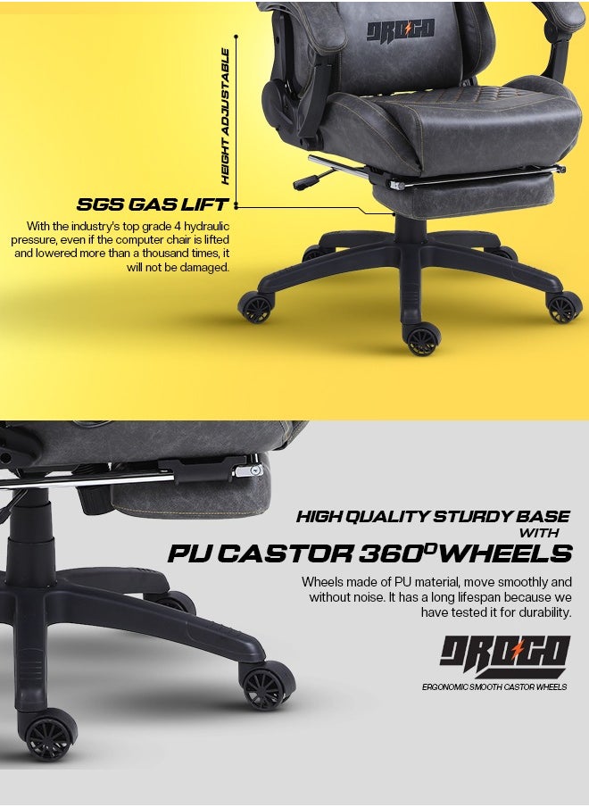 DROGO - Gaming Chair Drogo Ergonomic  with 7 Way adjustable Seat PU Leather Material Desk Chair Head & USB Massager Lumbar Pillow Video Games Chair Home Office Chair with Full Reclining Back Footrest Grey - Image 1
