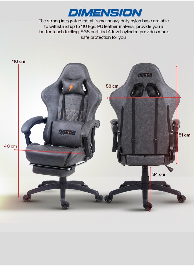 DROGO - Gaming Chair Drogo Ergonomic  with 7 Way adjustable Seat PU Leather Material Desk Chair Head & USB Massager Lumbar Pillow Video Games Chair Home Office Chair with Full Reclining Back Footrest Grey - Image 1