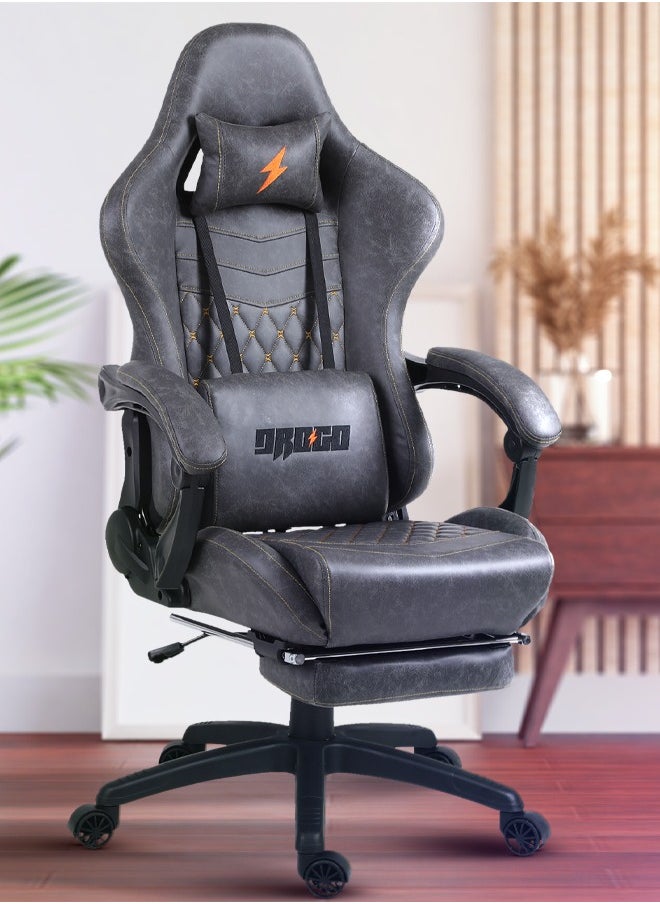 DROGO - Gaming Chair Drogo Ergonomic  with 7 Way adjustable Seat PU Leather Material Desk Chair Head & USB Massager Lumbar Pillow Video Games Chair Home Office Chair with Full Reclining Back Footrest Grey - Image 1