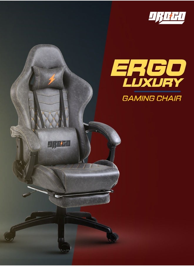 DROGO - Gaming Chair Drogo Ergonomic  with 7 Way adjustable Seat PU Leather Material Desk Chair Head & USB Massager Lumbar Pillow Video Games Chair Home Office Chair with Full Reclining Back Footrest Grey - Image 1