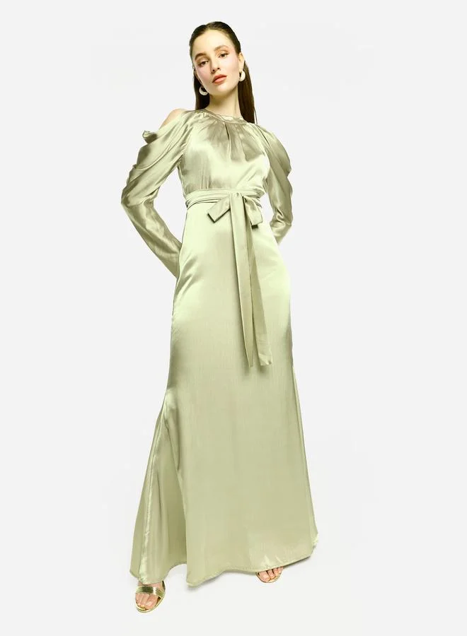 House of Moda House of Moda Pleated Neckline Cold Shoulder Tie-Up Waist Maxi Dress