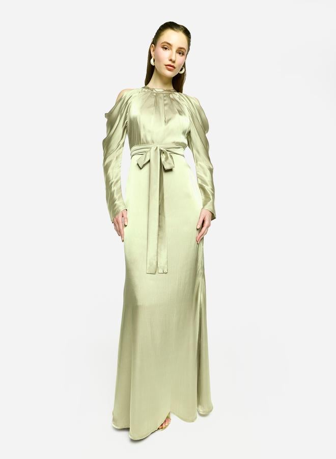 House of Moda Pleated Neckline Cold Shoulder Tie-Up Waist Maxi Dress - Image 1