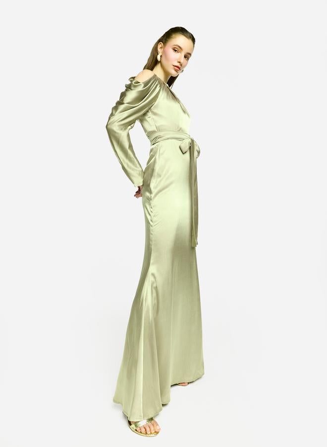 House of Moda Pleated Neckline Cold Shoulder Tie-Up Waist Maxi Dress - Image 3