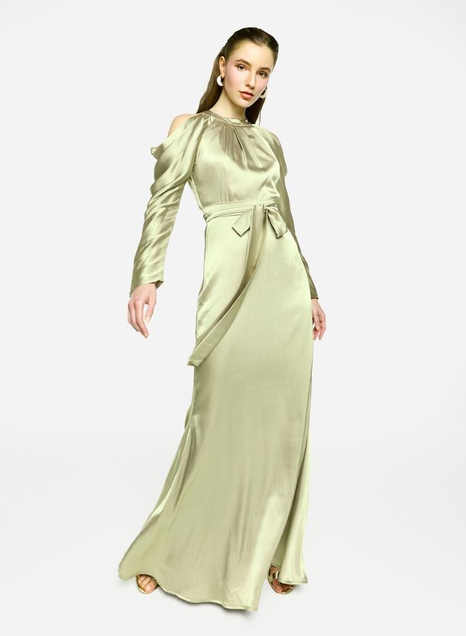 House of Moda Pleated Neckline Cold Shoulder Tie-Up Waist Maxi Dress - Image 4