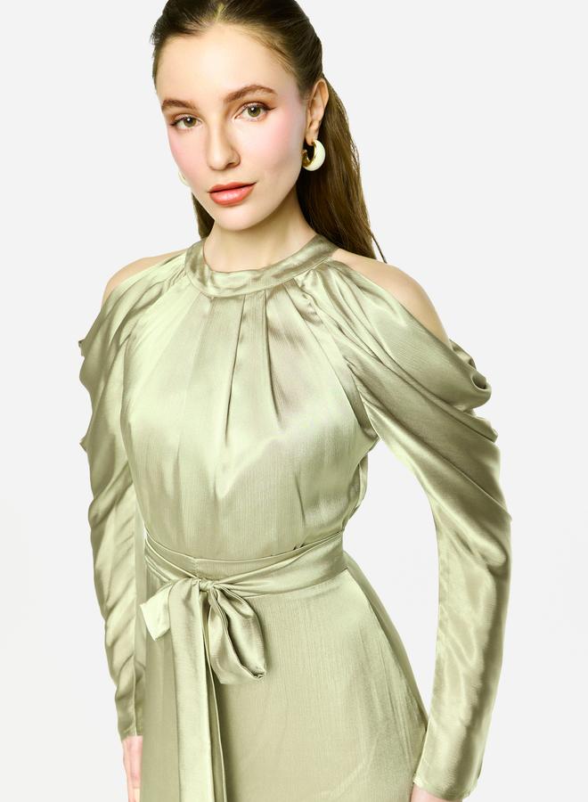 House of Moda Pleated Neckline Cold Shoulder Tie-Up Waist Maxi Dress - Image 5