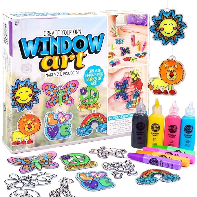 Window Paint Art for Kids – Make Your Own Suncatchers Set, Creative DIY Craft Kit with 12 Patterns, 12 Suction Cups, 1 String, and 8 Colorful Pens – DIY Window & Mirror Arts & Crafts Kit Children