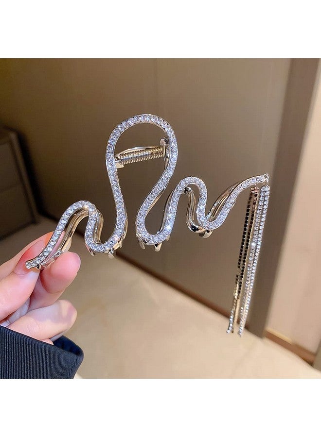 Jumwrit Large Rhinestone Hair Claw Big Wave Hair Clip Strong Hold Metal Hair Clip Long Tassel Chain Hair Claw Non Slip Hair Clamp Fashion Hair Claw Clip For Thick Hair(Silver) - Image 5