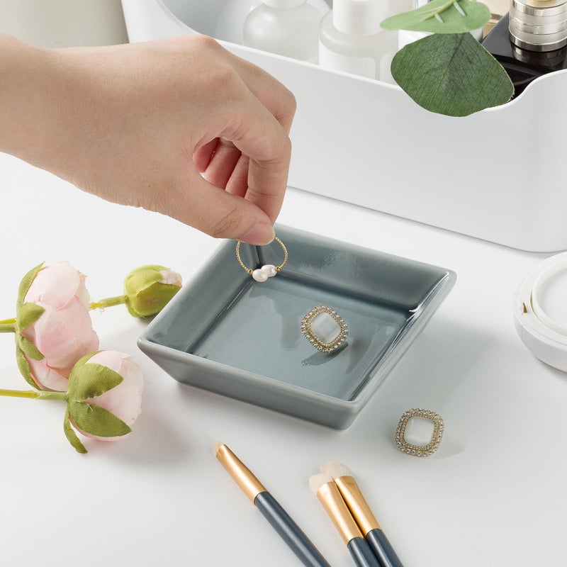 Mecaikru Ceramic Trinket Dish  Ring Tray  Decorative Jewelry Dish For Earrings Necklaces Watch Keys For Women (Blue Square) - Image 4