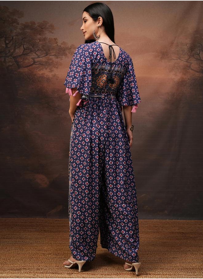 Vishudh Women Blue Wide Leg Printed Jumpsuit by Styli  - Image 3