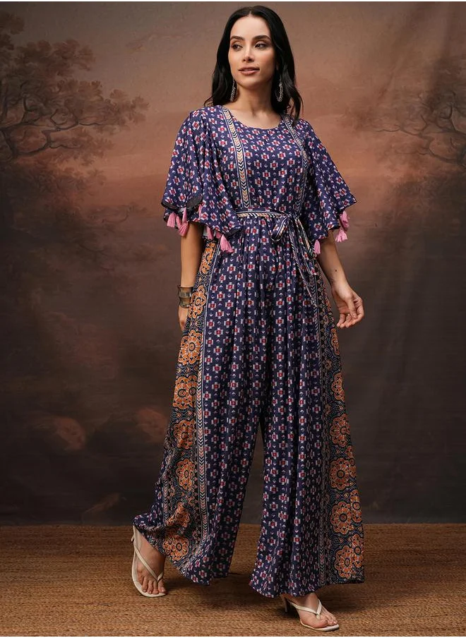 Vishudh Women Blue Wide Leg Printed Jumpsuit by Styli