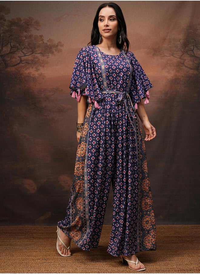 Vishudh Women Blue Wide Leg Printed Jumpsuit by Styli  - Image 1