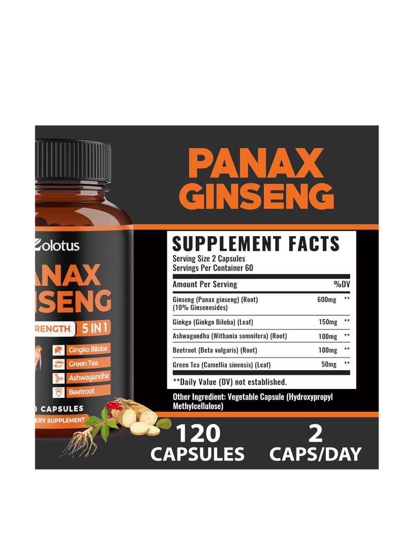 Zolotus Korean Red Panax Ginseng + Ginkgo Biloba, Ashwagandha, Beetroot, Green Tea - 120 Capsules  - Image 2