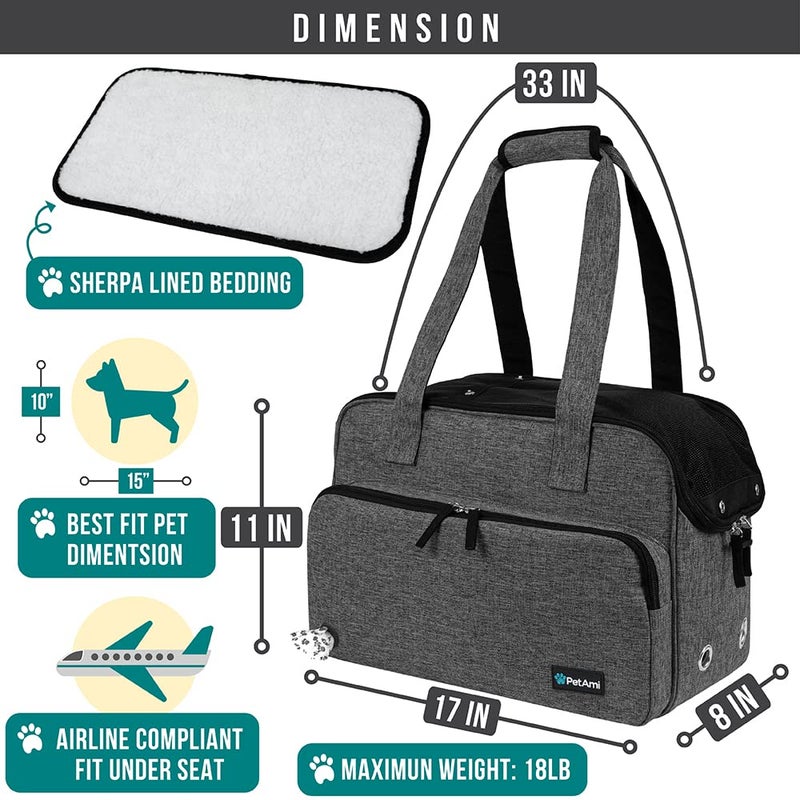 PetAmi Small Dog Purse Carrier, Soft-Sided Pet Carrier Bag with Pockets, Portable Puppy Cat Travel Handbag Tote, Airline Approved Breathable Mesh, Poop Bag Dispenser, Sherpa Bed, Max 18 lbs, Dark Gray - Image 2