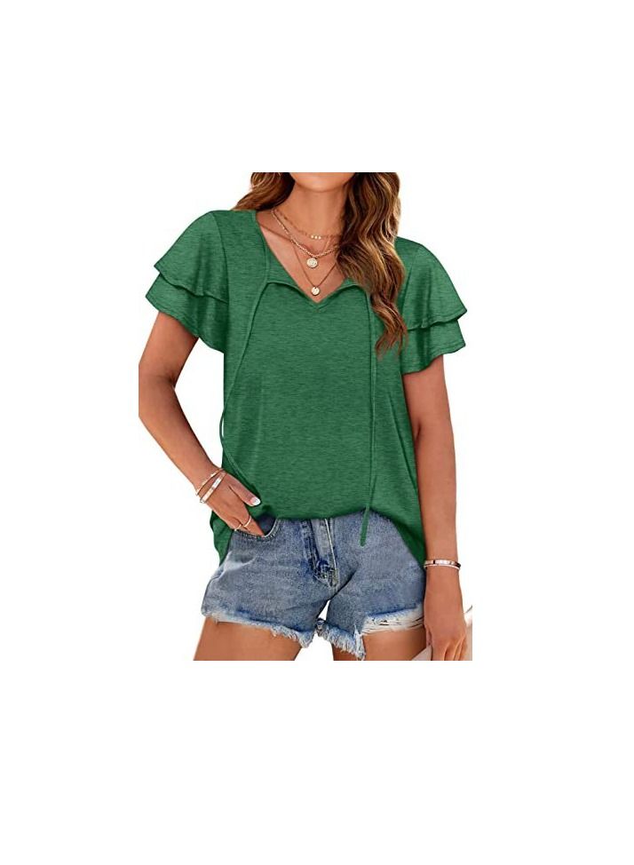 Loquat New Women's V-neck Double-layer Lotus Leaf Short Sleeve T-Thirt 