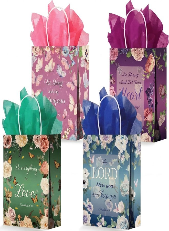 Tenceur 32 Pcs Religious Gift Bags Christian Gift Paper Bags with 32 Tissues Bible Verse Paper Bag with Handles Inspirational Flower Christian Present for Women Birthday Wedding Baptism Spring - Image 1