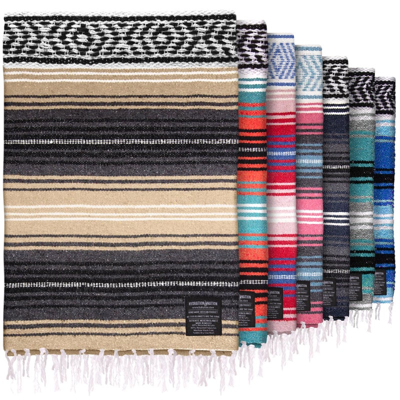 Hydration Nation Authentic Large Handwoven Mexican Blanket - Soft Yoga Blankets - Durable Serape - Lightweight Falsa Blanket, Beach, Camping, Picnic, Equestrian Saddle, Outdoor Blankets 70"x50" - Sand - Image 1
