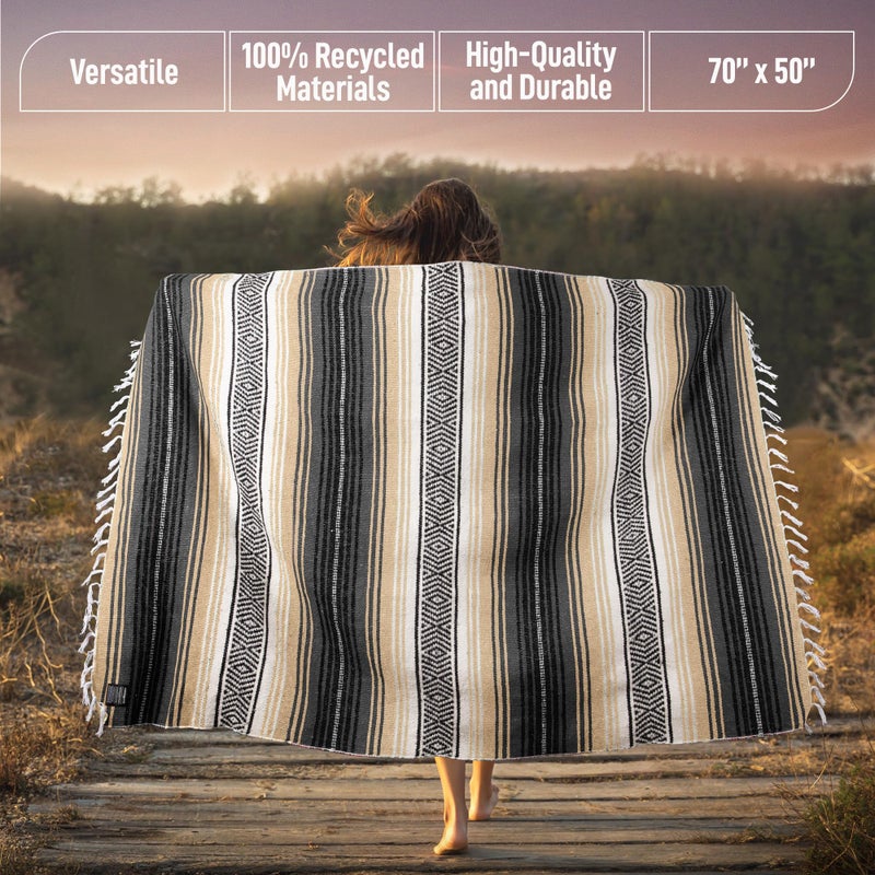 Hydration Nation Authentic Large Handwoven Mexican Blanket - Soft Yoga Blankets - Durable Serape - Lightweight Falsa Blanket, Beach, Camping, Picnic, Equestrian Saddle, Outdoor Blankets 70"x50" - Sand - Image 4