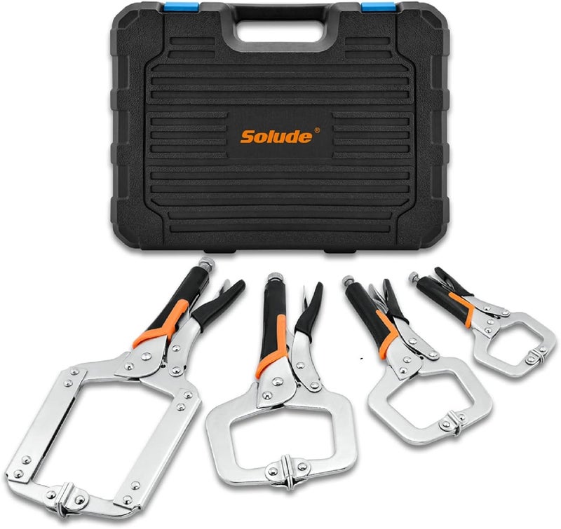 SOLUDE C-Clamp Locking Pliers Set,6-Inch,9-Inch,11-Inch,14-Inch,4 Piece Vise Grip Face Clamp for Woodworking,Welding and Pocket Hole Joinery with Plastic Storage Box - Image 1