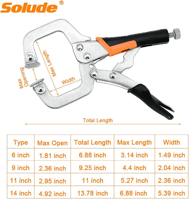 SOLUDE C-Clamp Locking Pliers Set,6-Inch,9-Inch,11-Inch,14-Inch,4 Piece Vise Grip Face Clamp for Woodworking,Welding and Pocket Hole Joinery with Plastic Storage Box - Image 5
