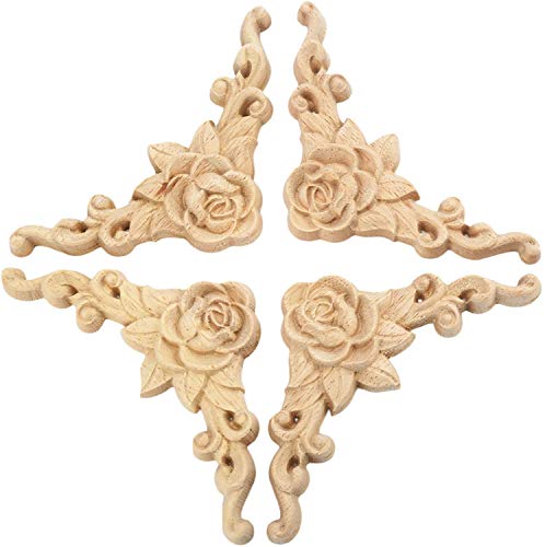 MUXSAM 4Pcs Rose Carved Appliques Onlays Crafts Addition, 10x10cm/3.9"x3.9", Excellent Wood Detail Unpainted Ornament Piece for Wall Door Ceiling Table Bed Cabinet Mirror Dresser Drawer - Image 1