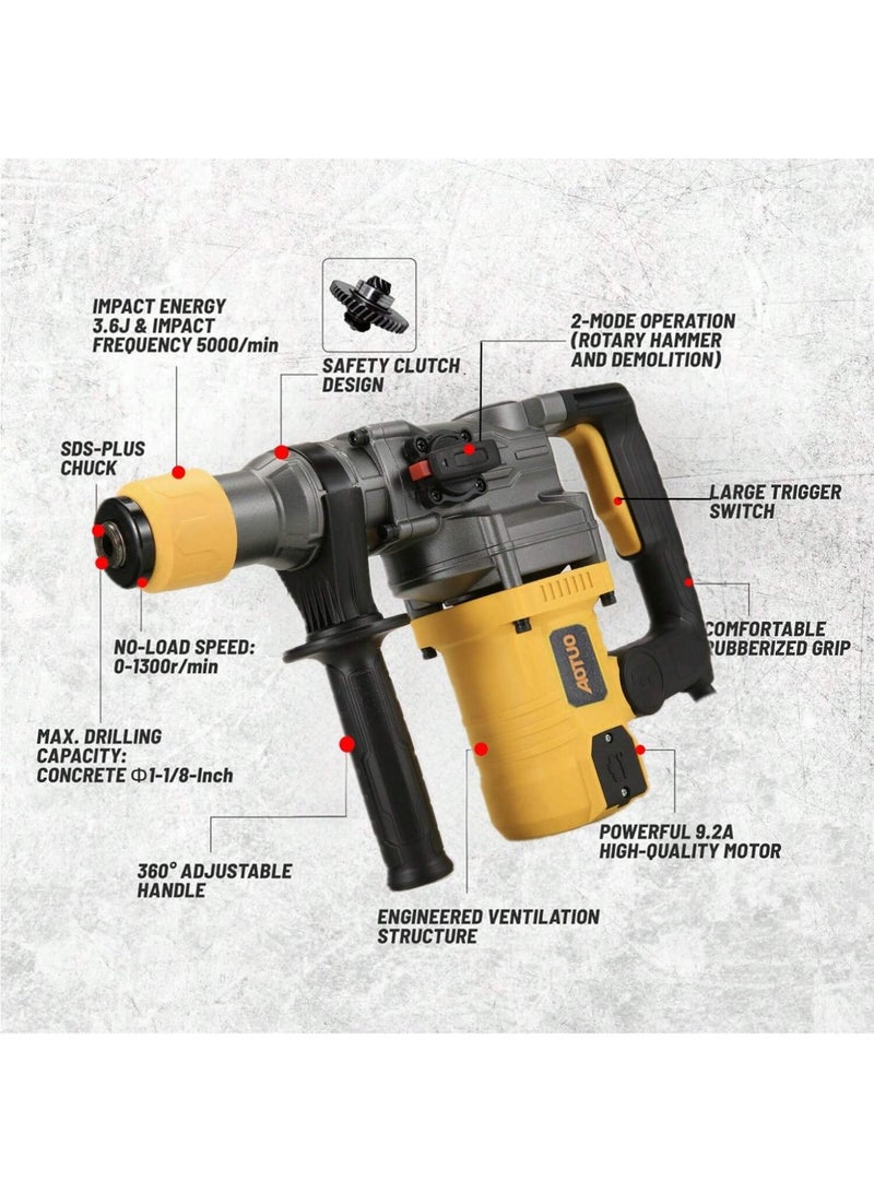 AOTUO Electric Hammer Drill, Vibration Control and Safety Clutch, 1600W Heavy Duty, Including 3 Drill Bits, Flat Chisels, Point Chisels, 360°Rotating Handle, with Carrying Case - Image 2