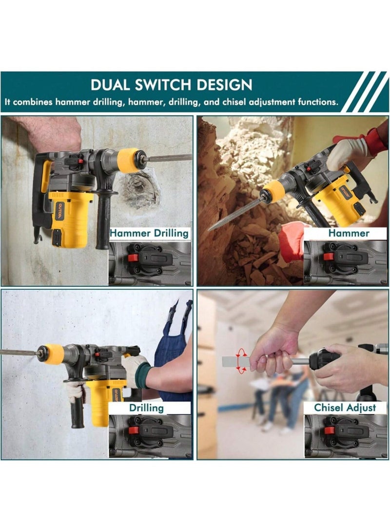 AOTUO Electric Hammer Drill, Vibration Control and Safety Clutch, 1600W Heavy Duty, Including 3 Drill Bits, Flat Chisels, Point Chisels, 360°Rotating Handle, with Carrying Case - Image 3
