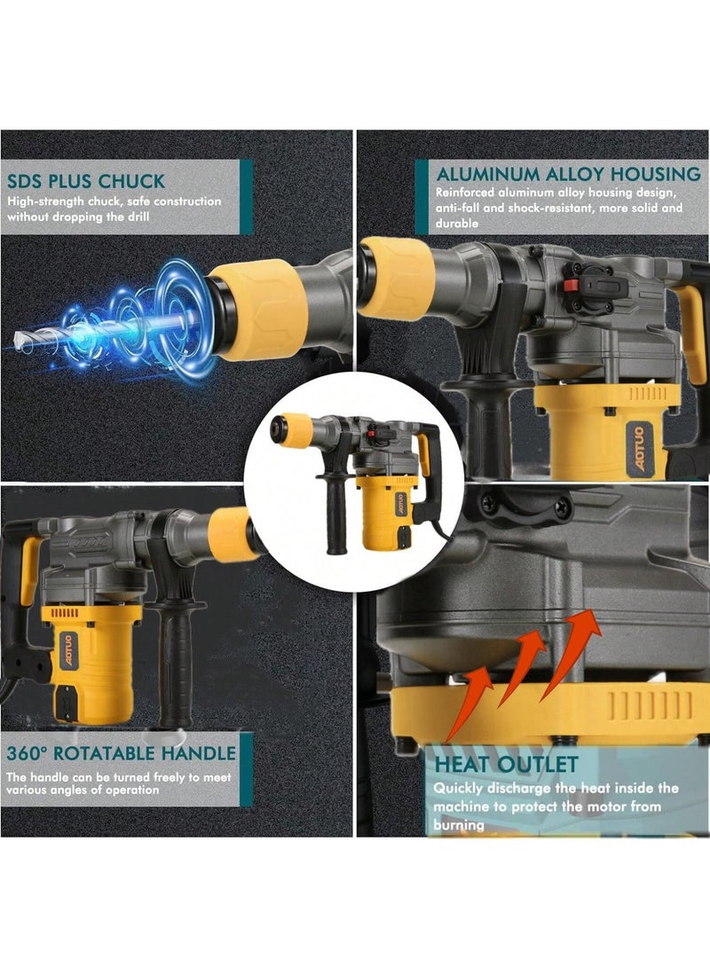 AOTUO Electric Hammer Drill, Vibration Control and Safety Clutch, 1600W Heavy Duty, Including 3 Drill Bits, Flat Chisels, Point Chisels, 360°Rotating Handle, with Carrying Case - Image 4