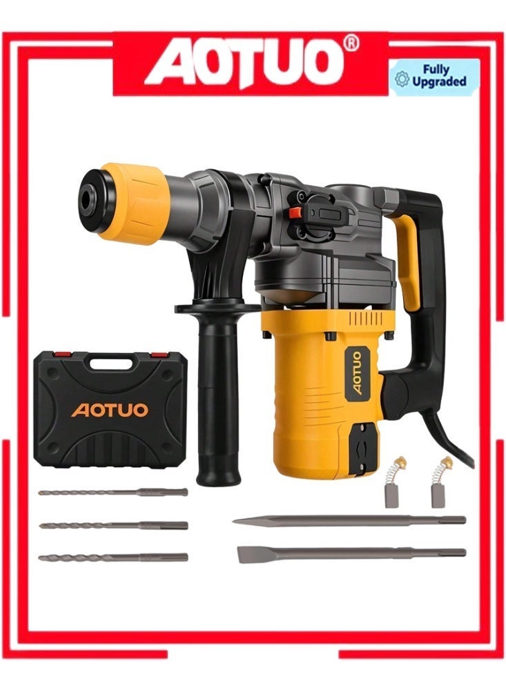 AOTUO Electric Hammer Drill, Vibration Control and Safety Clutch, 1600W Heavy Duty, Including 3 Drill Bits, Flat Chisels, Point Chisels, 360°Rotating Handle, with Carrying Case - Image 1