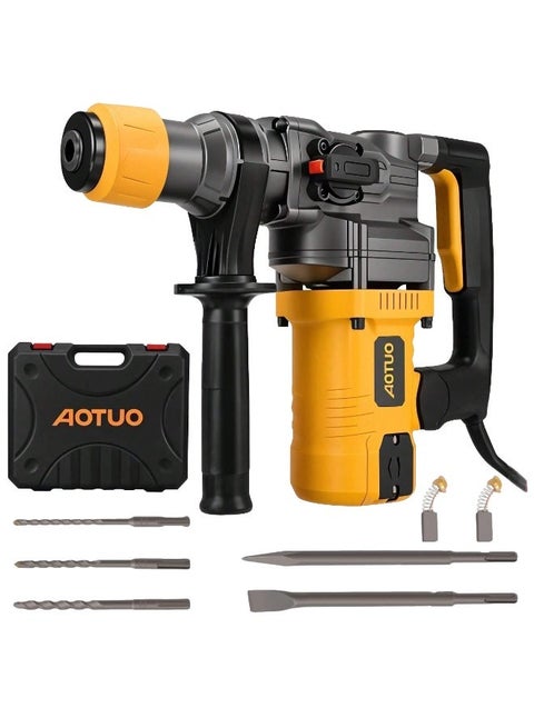 AOTUO Electric Hammer Drill, Vibration Control and Safety Clutch, 1600W Heavy Duty, Including 3 Drill Bits, Flat Chisels, Point Chisels, 360°Rotating Handle, with Carrying Case