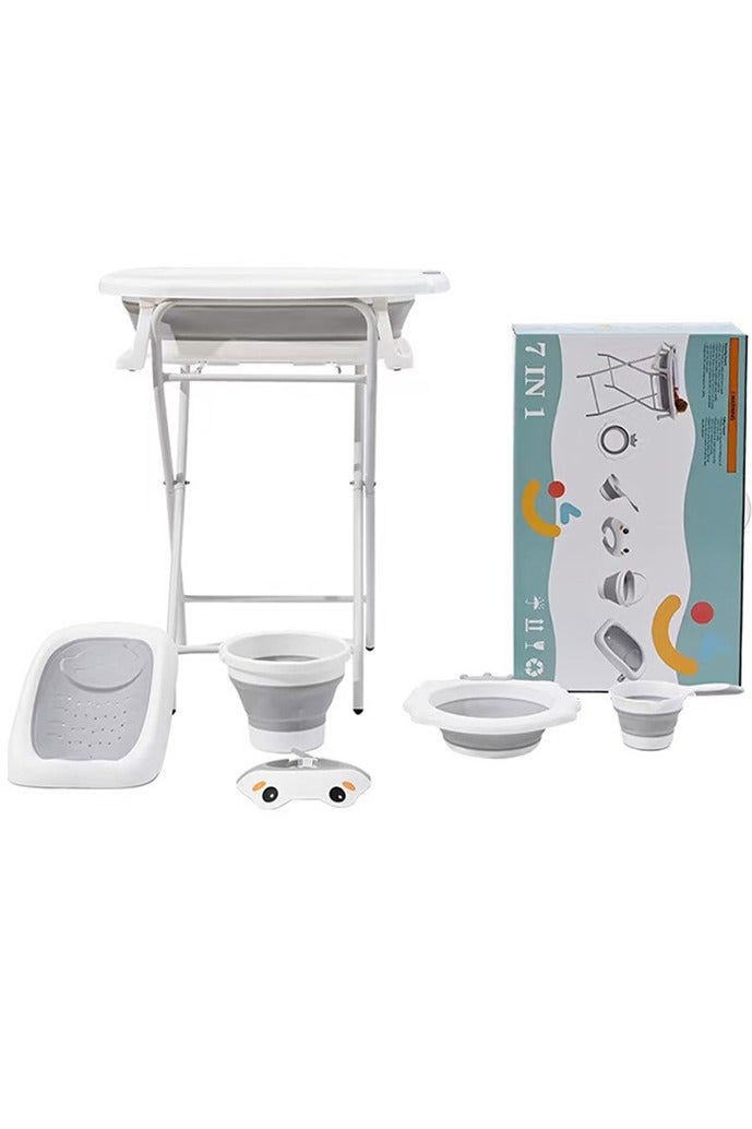 صحراء الواحة حوض استحمام قابل للطي للأطفال من 7 قطع مع حامل - حوض استحمام مع حامل، شاشة عرض درجة الحرارة، مقعد، غطاء استحمام، حوض استحمام للأطفال، مغرفة ماء. مناسب للاستحمام - من الولادة وحتى 8 سنوات - هدية للأطفال - Image 1