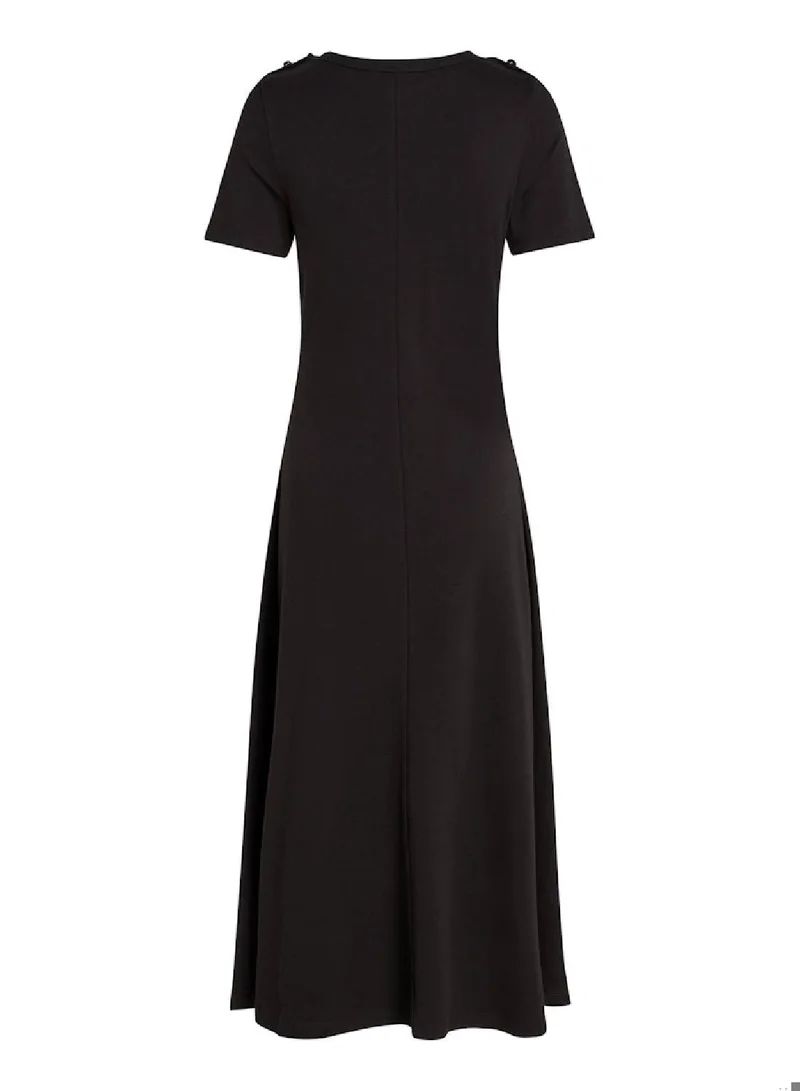 TOMMY HILFIGER Women's Crew Neck Flare Dress, Black - Cotton