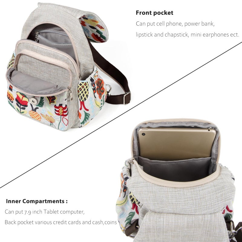 SILKAREA Vintage Embroidered Floral Ethnic Backpack for Women Handbag Shoulder Bag Mini Travel Purse (Embroidered White) - Image 4